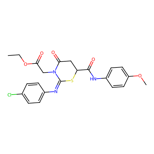 Ethyl 2-[2-(4-chlorophenyl)imino-6-[(4-methoxyphenyl)carbamoyl]-4-oxo-1,3-thiazinan-3-yl]acetate structure