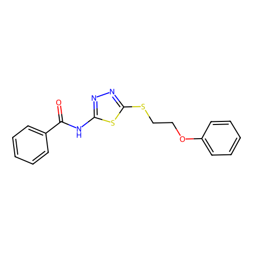 N-[(2E)-5-[(2-phenoxyethyl)sulfanyl]-1,3,4-thiadiazol-2(3H)-ylidene]benzamide structure