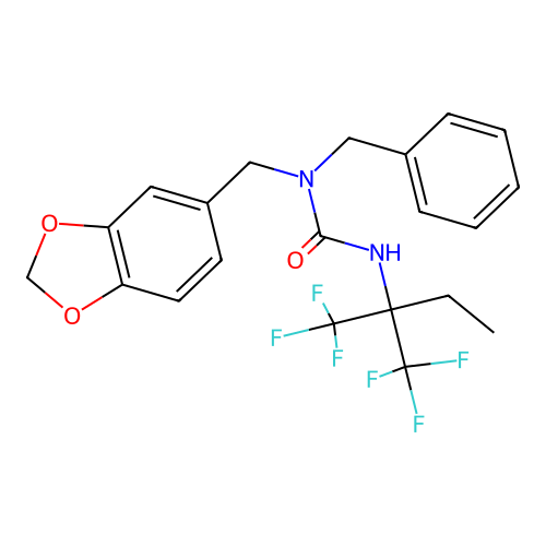 1-Benzo[1,3]dioxol-5-ylmethyl-1-benzyl-3-(1,1-bis-trifluoromethyl-propyl)-urea structure