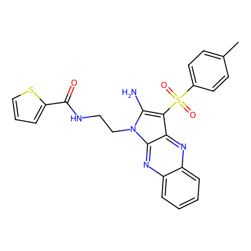 N-(2-(2-amino-3-tosyl-1H-pyrrolo[2,3-b]quinoxalin-1-yl)ethyl)thiophene-2-carboxamide structure
