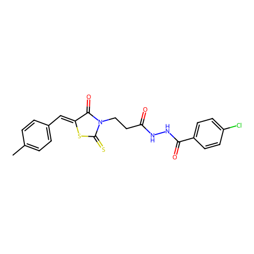 (Z)-4-chloro-N'-(3-(5-(4-methylbenzylidene)-4-oxo-2-thioxothiazolidin-3-yl)propanoyl)benzohydrazide structure
