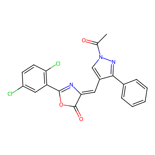 4-[(1-acetyl-3-phenyl-pyrazol-4-yl)methylidene]-2-(2,5-dichlorophenyl)-1,3-oxazol-5-one structure