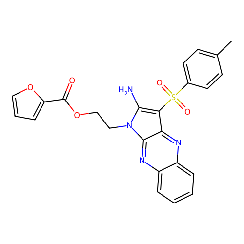 2-(2-amino-3-tosyl-1H-pyrrolo[2,3-b]quinoxalin-1-yl)ethyl furan-2-carboxylate structure