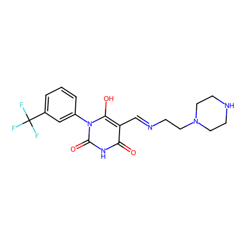 (5E)-5-[(2-piperazin-1-ylethylamino)methylidene]-1-[3-(trifluoromethyl)phenyl]-1,3-diazinane-2,4,6-trione structure