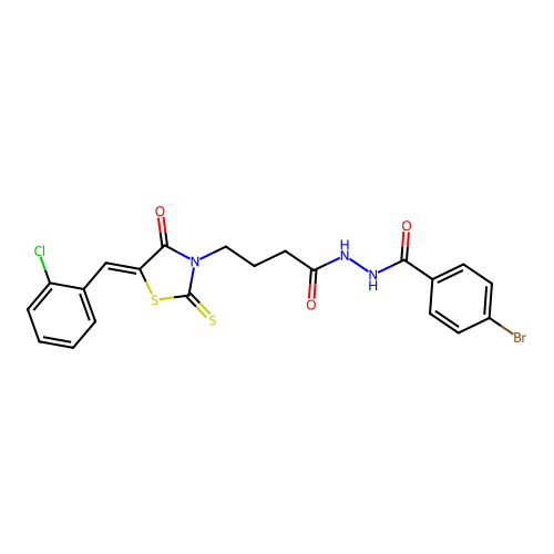 (Z)-4-bromo-N'-(4-(5-(2-chlorobenzylidene)-4-oxo-2-thioxothiazolidin-3-yl)butanoyl)benzohydrazide structure