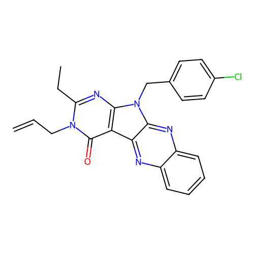 11-(4-chlorobenzyl)-2-ethyl-3-(prop-2-en-1-yl)-3,11-dihydro-4H-pyrimido[5',4':4,5]pyrrolo[2,3-b]quinoxalin-4-one structure