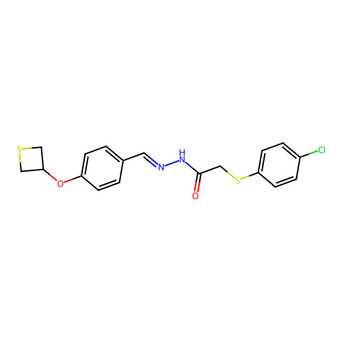 2-(4-chlorophenyl)sulfanyl-N-[(E)-[4-(thietan-3-yloxy)phenyl]methylideneamino]acetamide structure