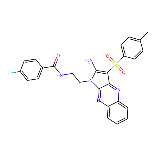 N-(2-(2-amino-3-tosyl-1H-pyrrolo[2,3-b]quinoxalin-1-yl)ethyl)-4-fluorobenzamide structure