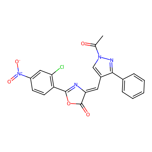 (Z)-4-((1-acetyl-3-phenyl-1H-pyrazol-4-yl)methylene)-2-(2-chloro-4-nitrophenyl)oxazol-5(4H)-one structure