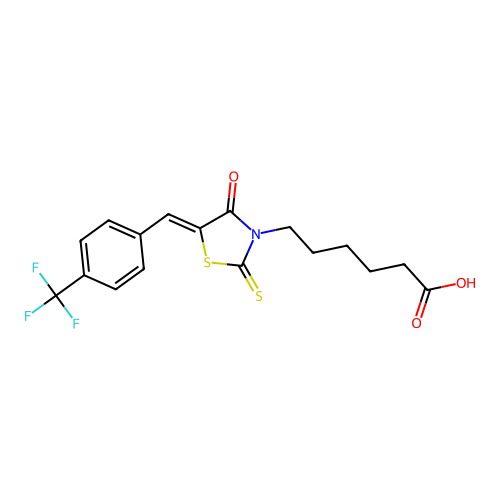 6-{(5Z)-4-oxo-2-thioxo-5-[4-(trifluoromethyl)benzylidene]-1,3-thiazolidin-3-yl}hexanoic acid structure