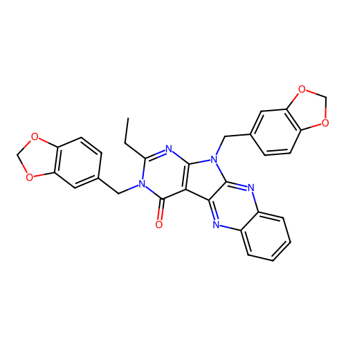 3,11-bis(1,3-benzodioxol-5-ylmethyl)-2-ethyl-3,11-dihydro-4H-pyrimido[5',4':4,5]pyrrolo[2,3-b]quinoxalin-4-one structure