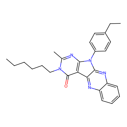 11-(4-ethylphenyl)-3-hexyl-2-methyl-3,11-dihydro-4H-pyrimido[5',4':4,5]pyrrolo[2,3-b]quinoxalin-4-one structure