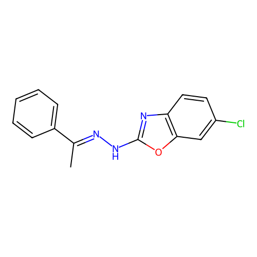 6-chloro-2-[(2E)-2-(1-phenylethylidene)hydrazinyl]-1,3-benzoxazole structure