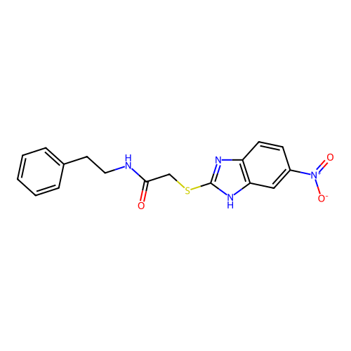 2-[(5-nitro-1H-benzimidazol-2-yl)thio]-N-(2-phenylethyl)acetamide structure