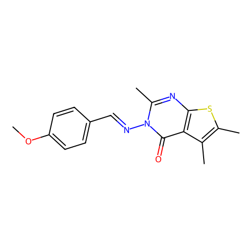 3-[(E)-(4-methoxyphenyl)methylideneamino]-2,5,6-trimethylthieno[2,3-d]pyrimidin-4-one structure
