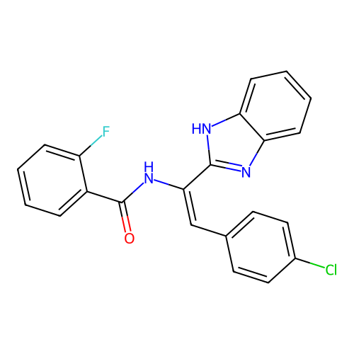 N-[(E)-1-(1H-benzimidazol-2-yl)-2-(4-chlorophenyl)ethenyl]-2-fluorobenzamide structure