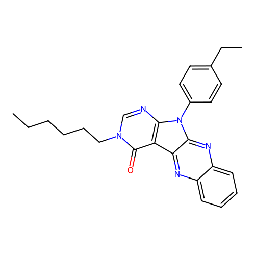 11-(4-ethylphenyl)-3-hexyl-3H-pyrimido[5',4':4,5]pyrrolo[2,3-b]quinoxalin-4(11H)-one structure