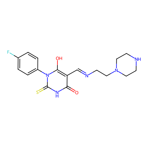 (5E)-1-(4-fluorophenyl)-5-[(2-piperazin-1-ylethylamino)methylidene]-2-sulfanylidene-1,3-diazinane-4,6-dione structure