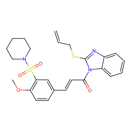 (E)-3-(4-methoxy-3-piperidin-1-ylsulfonylphenyl)-1-(2-prop-2-enylsulfanylbenzimidazol-1-yl)prop-2-en-1-one structure
