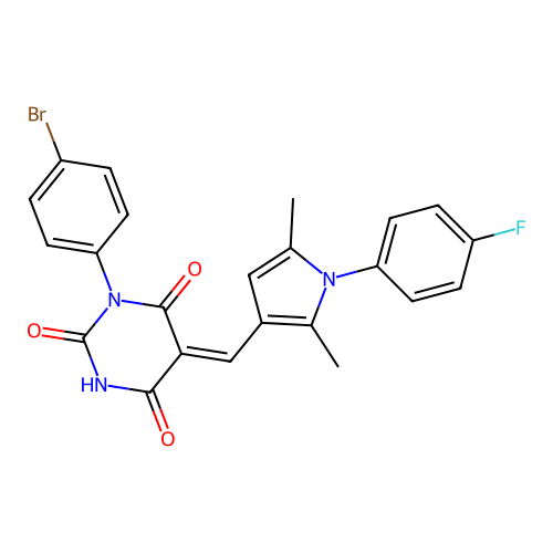 (5Z)-1-(4-bromophenyl)-5-[[1-(4-fluorophenyl)-2,5-dimethylpyrrol-3-yl]methylidene]-1,3-diazinane-2,4,6-trione structure
