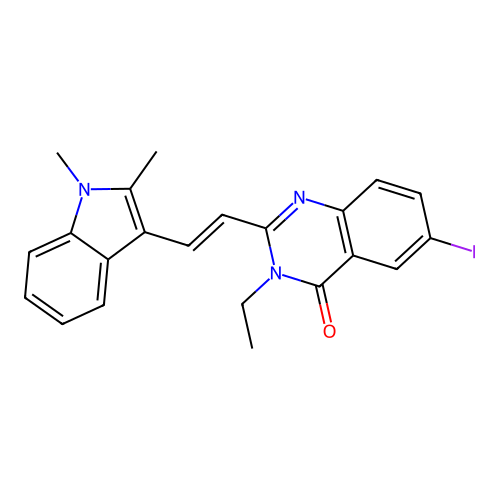 2-[(E)-2-(1,2-dimethylindol-3-yl)ethenyl]-3-ethyl-6-iodoquinazolin-4-one structure