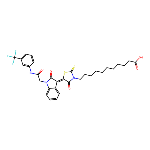 (E)-11-(4-oxo-5-(2-oxo-1-(2-oxo-2-((3-(trifluoromethyl)phenyl)amino)ethyl)indolin-3-ylidene)-2-thioxothiazolidin-3-yl)undecanoic acid structure