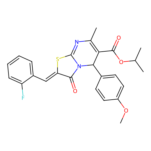 propan-2-yl (2Z)-2-[(2-fluorophenyl)methylidene]-5-(4-methoxyphenyl)-7-methyl-3-oxo-5H-[1,3]thiazolo[3,2-a]pyrimidine-6-carboxylate structure