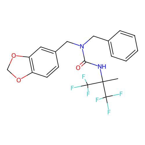 1-(1,3-benzodioxol-5-ylmethyl)-1-benzyl-3-(1,1,1,3,3,3-hexafluoro-2-methylpropan-2-yl)urea structure