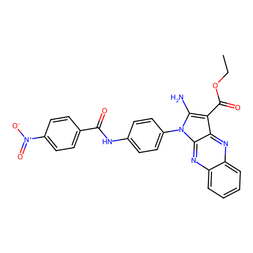ethyl 2-amino-1-(4-(4-nitrobenzamido)phenyl)-1H-pyrrolo[2,3-b]quinoxaline-3-carboxylate structure