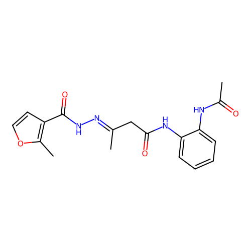 (E)-N-(2-acetamidophenyl)-3-(2-(2-methylfuran-3-carbonyl)hydrazono)butanamide structure