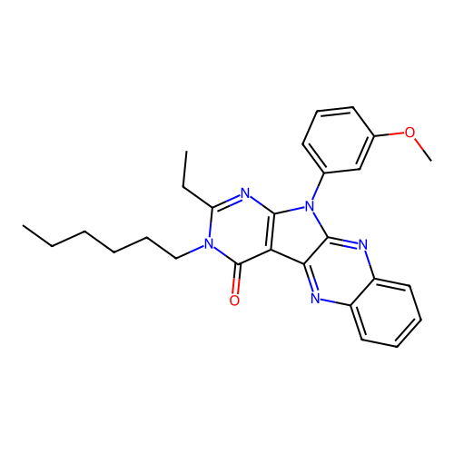 2-ethyl-3-hexyl-11-(3-methoxyphenyl)-3,11-dihydro-4H-pyrimido[5',4':4,5]pyrrolo[2,3-b]quinoxalin-4-one structure