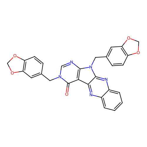 3,11-bis(1,3-benzodioxol-5-ylmethyl)-3,11-dihydro-4H-pyrimido[5',4':4,5]pyrrolo[2,3-b]quinoxalin-4-one structure