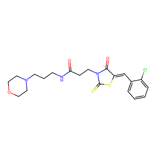3-[(5Z)-5-[(2-chlorophenyl)methylidene]-4-oxo-2-sulfanylidene-1,3-thiazolidin-3-yl]-N-(3-morpholin-4-ylpropyl)propanamide structure