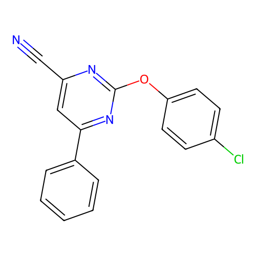 2-(4-Chlorophenoxy)-6-phenylpyrimidine-4-carbonitrile structure