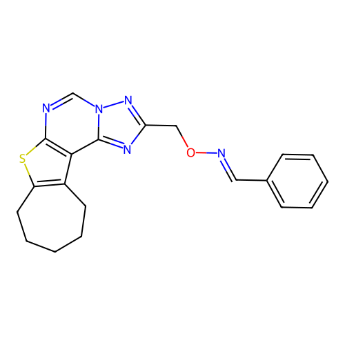 (E)-1-phenyl-N-(9,10,11,12-tetrahydro-8H-cyclohepta[4,5]thieno[3,2-e][1,2,4]triazolo[1,5-c]pyrimidin-2-ylmethoxy)methanimine structure