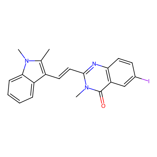 2-[(E)-2-(1,2-dimethylindol-3-yl)ethenyl]-6-iodo-3-methylquinazolin-4-one structure