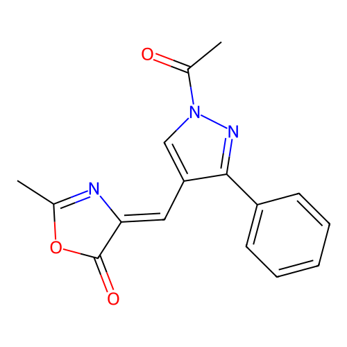 (Z)-4-((1-acetyl-3-phenyl-1H-pyrazol-4-yl)methylene)-2-methyloxazol-5(4H)-one structure