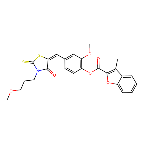 (E)-2-methoxy-4-((3-(3-methoxypropyl)-4-oxo-2-thioxothiazolidin-5-ylidene)methyl)phenyl 3-methylbenzofuran-2-carboxylate structure