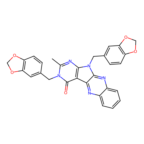 3,11-bis(1,3-benzodioxol-5-ylmethyl)-2-methyl-3,11-dihydro-4H-pyrimido[5',4':4,5]pyrrolo[2,3-b]quinoxalin-4-one structure