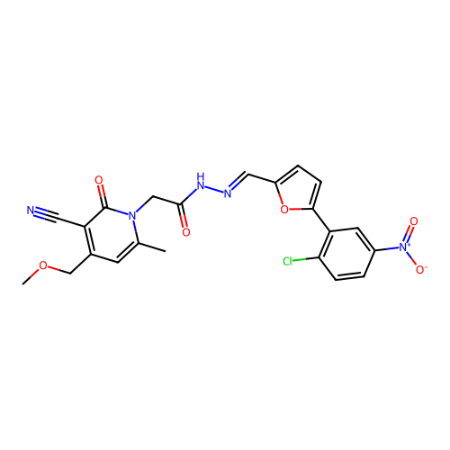 (E)-N'-((5-(2-chloro-5-nitrophenyl)furan-2-yl)methylene)-2-(3-cyano-4-(methoxymethyl)-6-methyl-2-oxopyridin-1(2H)-yl)acetohydrazide structure