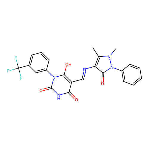 (E)-5-(((1,5-dimethyl-3-oxo-2-phenyl-2,3-dihydro-1H-pyrazol-4-yl)amino)methylene)-1-(3-(trifluoromethyl)phenyl)pyrimidine-2,4,6(1H,3H,5H)-trione structure