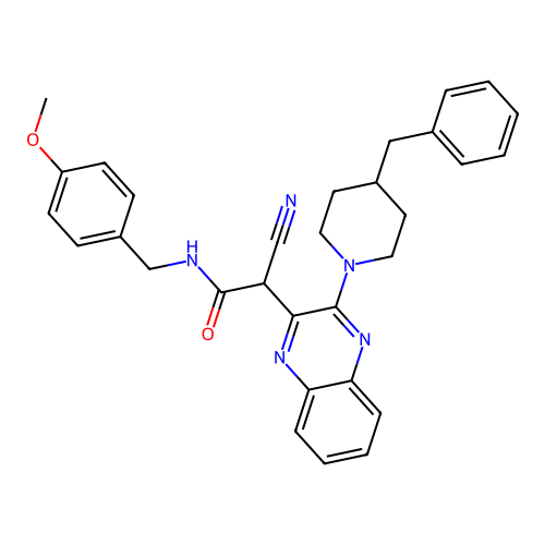 2-(3-(4-benzylpiperidin-1-yl)quinoxalin-2-yl)-2-cyano-N-(4-methoxybenzyl)acetamide structure