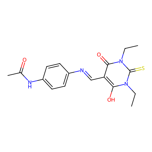 N-(4-(((1,3-diethyl-4,6-dioxo-2-thioxotetrahydropyrimidin-5(2H)-ylidene)methyl)amino)phenyl)acetamide structure