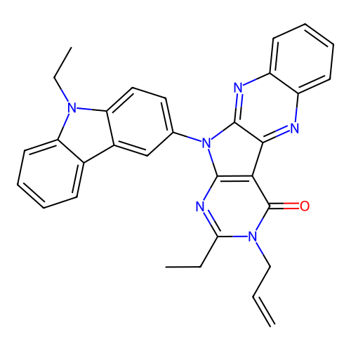 2-ethyl-11-(9-ethyl-9H-carbazol-3-yl)-3-(prop-2-en-1-yl)-3,11-dihydro-4H-pyrimido[5',4':4,5]pyrrolo[2,3-b]quinoxalin-4-one structure