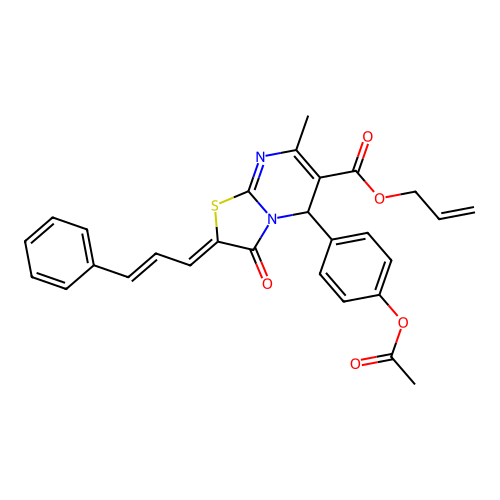 prop-2-en-1-yl (2Z)-5-[4-(acetyloxy)phenyl]-7-methyl-3-oxo-2-[(2E)-3-phenylprop-2-en-1-ylidene]-2,3-dihydro-5H-[1,3]thiazolo[3,2-a]pyrimidine-6-carboxylate structure