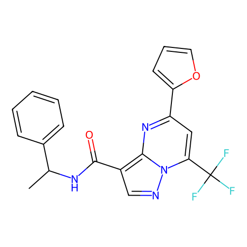 5-(furan-2-yl)-N-(1-phenylethyl)-7-(trifluoromethyl)pyrazolo[1,5-a]pyrimidine-3-carboxamide structure
