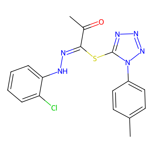 (Z)-1-(p-tolyl)-1H-tetrazol-5-yl N'-(2-chlorophenyl)-2-oxopropanehydrazonothioate structure