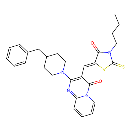 2-(4-benzylpiperidin-1-yl)-3-[(Z)-(3-butyl-4-oxo-2-thioxo-1,3-thiazolidin-5-ylidene)methyl]-4H-pyrido[1,2-a]pyrimidin-4-one structure