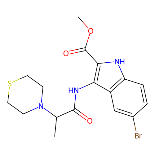 Methyl 5-bromo-3-(2-thiomorpholin-4-ylpropanoylamino)-1H-indole-2-carboxylate structure
