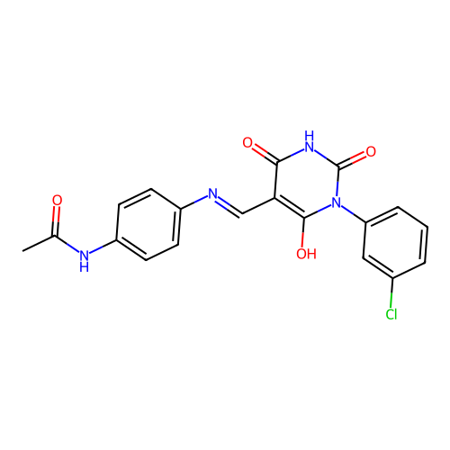 (E)-N-(4-(((1-(3-chlorophenyl)-2,4,6-trioxotetrahydropyrimidin-5(2H)-ylidene)methyl)amino)phenyl)acetamide structure
